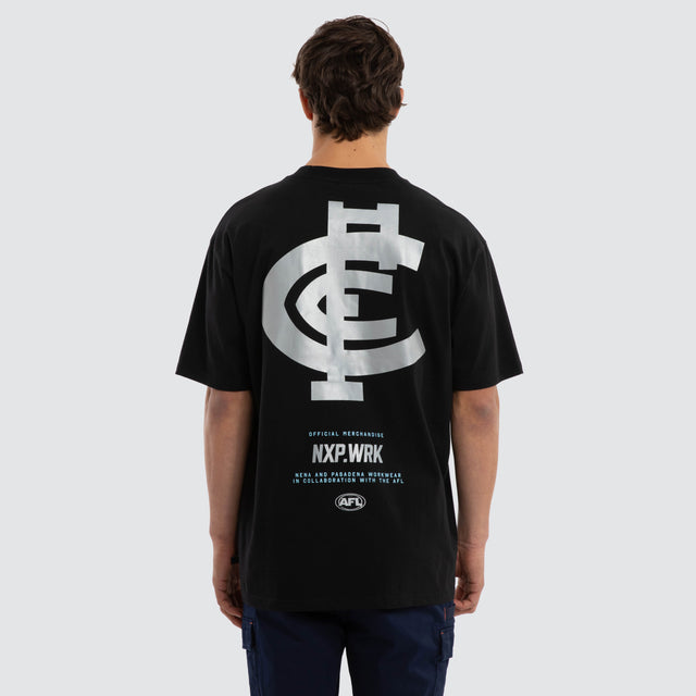 Model wears Carlton Blues Union Tee Jet Black T-Shirts in Black - Image 2