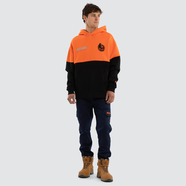 Model wears Collingwood Magpies Block Hoodie Orange Black Hoodies in Orange - Image 3