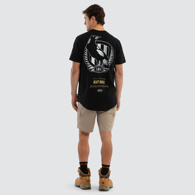 Model wears Collingwood Magpies Legal Tee Jet Black T-Shirts in Black - Image 5