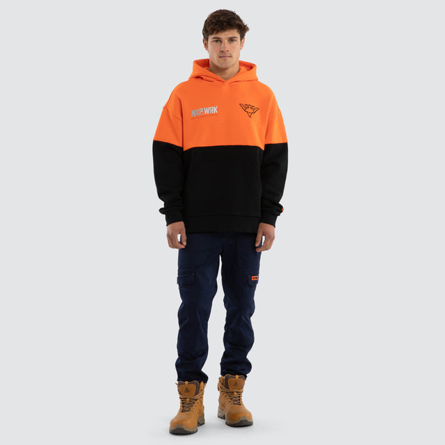 Model wears Essendon Bombers Block Hoodie Orange Black Hoodies in Orange - Image 3