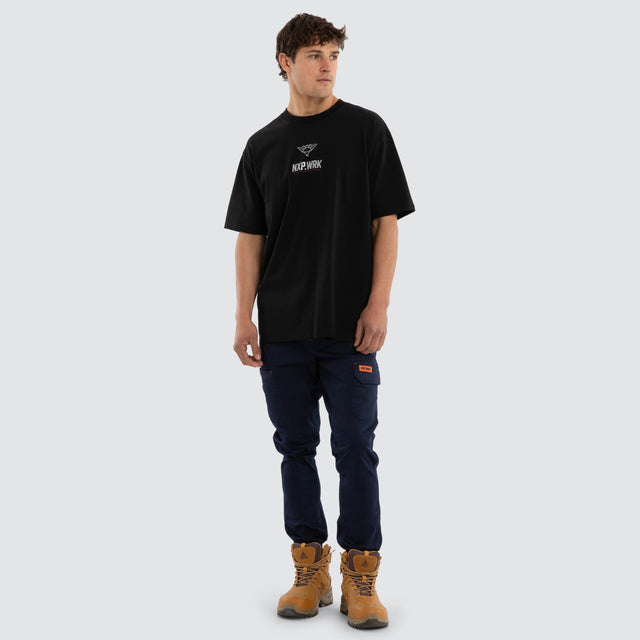 Model wears Essendon Bombers Union Tee Jet Black T-Shirts in Black - Image 3