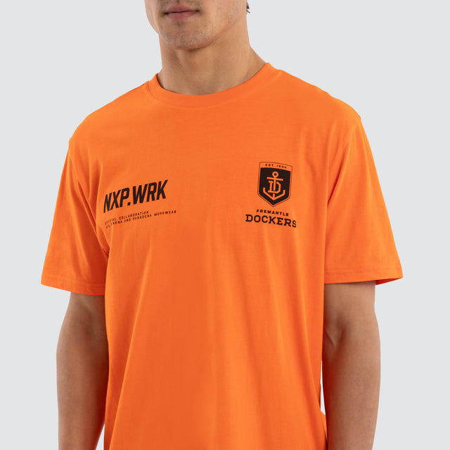 Model wears Fremantle Docker Ethic Tee Work Orange T-Shirts in Orange - Image 4