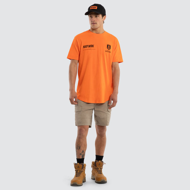 Model wears Fremantle Docker Ethic Tee Work Orange T-Shirts in Orange - Image 3