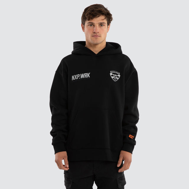 Model wears Geelong Cats Subject Hoodie Jet Black Hoodies in Black - Image 1