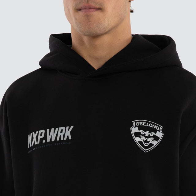 Model wears Geelong Cats Subject Hoodie Jet Black Hoodies in Black - Image 3