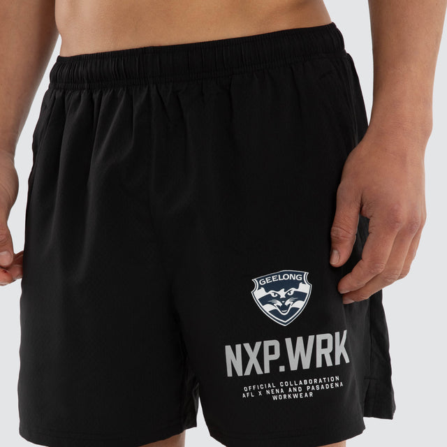 Model wears Geelong Cats Contract Short Jet Black Shorts in Black - Image 2