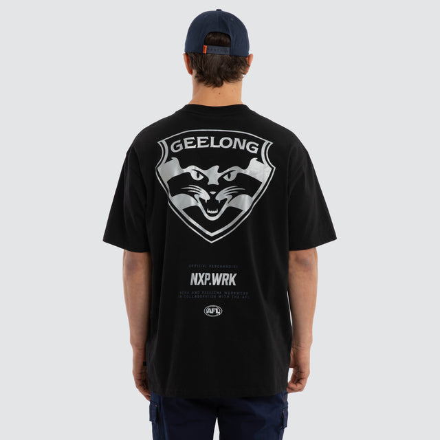 Model wears Geelong Cats Union Tee Jet Black T-Shirts in Black - Image 2