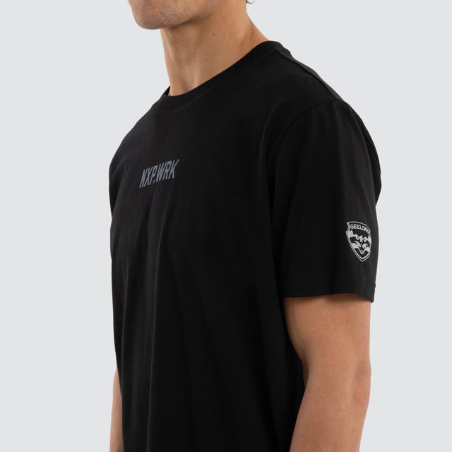 Model wears Geelong Cats Legal Tee Jet Black T-Shirts in Black - Image 4