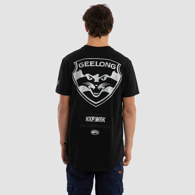 Model wears Geelong Cats Legal Tee Jet Black T-Shirts in Black - Image 2