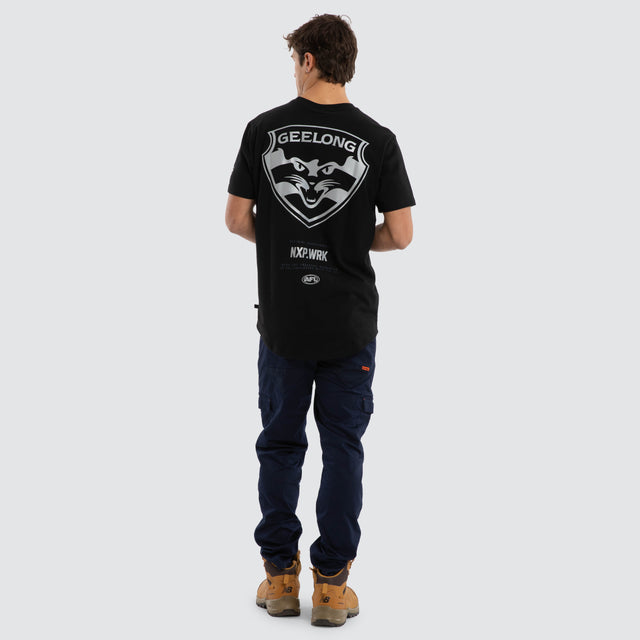 Model wears Geelong Cats Legal Tee Jet Black T-Shirts in Black - Image 5