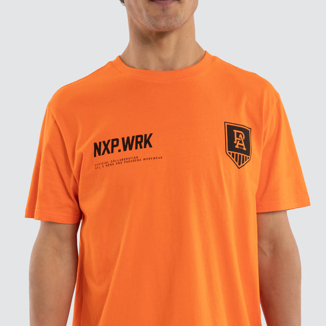 Model wears Port Adelaide Power Ethic Tee Work Orange T-Shirts in Orange - Image 4