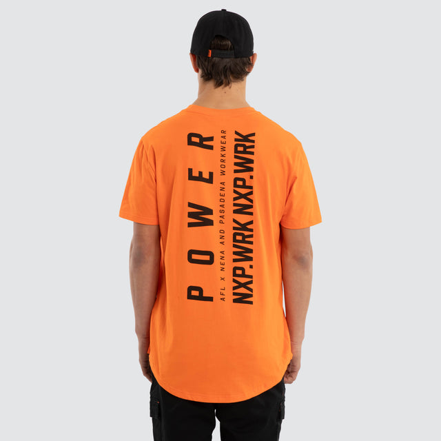 Model wears Port Adelaide Power Ethic Tee Work Orange T-Shirts in Orange - Image 2