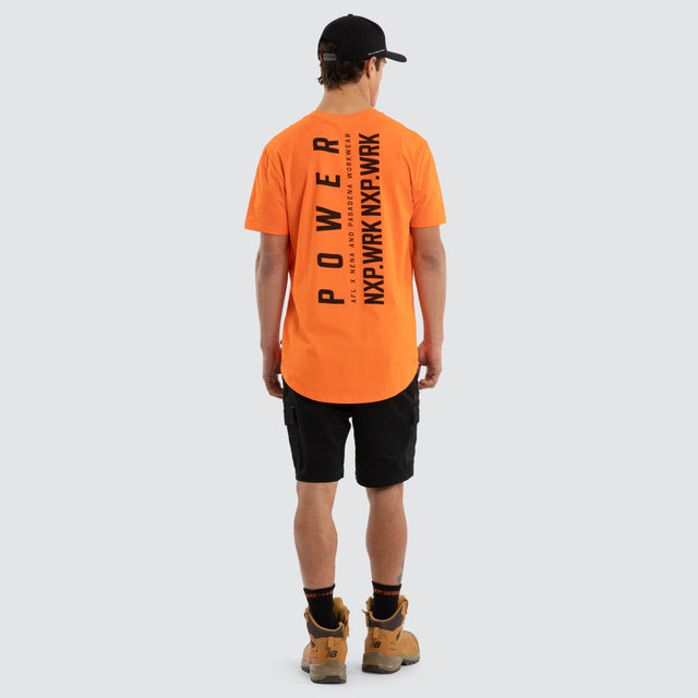 Model wears Port Adelaide Power Ethic Tee Work Orange T-Shirts in Orange - Image 5