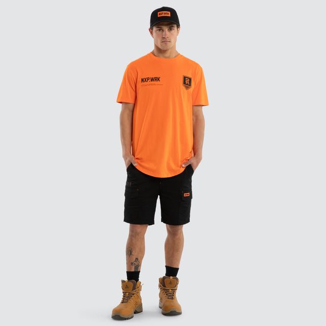 Model wears Port Adelaide Power Ethic Tee Work Orange T-Shirts in Orange - Image 3