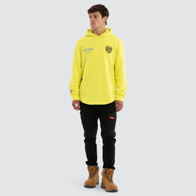 Model wears Richmond Tigers Admission Hoodie Yellow Hoodies in Yellow - Image 5