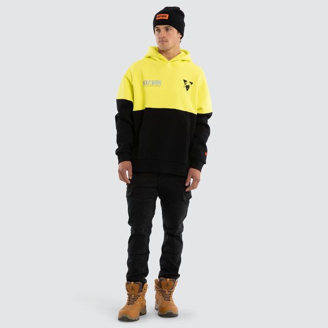 Model wears Sydney Swans Block Hoodie Yellow Black Hoodies in Yellow - Image 3