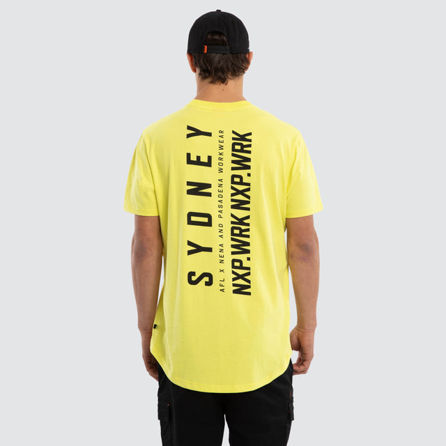 Model wears Sydney Swans Ethic Tee Yellow T-Shirts in Yellow - Image 2