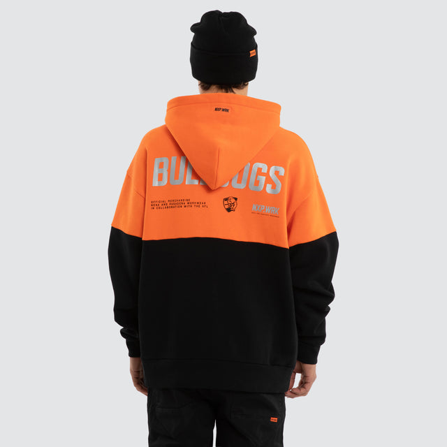 Model wears Western Bulldogs Block Hoodie Orange Black Hoodies in Orange - Image 2