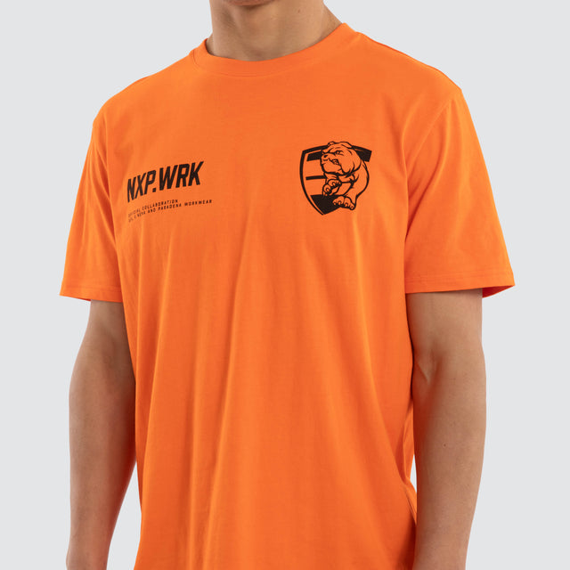 Model wears Western Bulldogs Ethic Tee Work Orange T-Shirts in Orange - Image 4