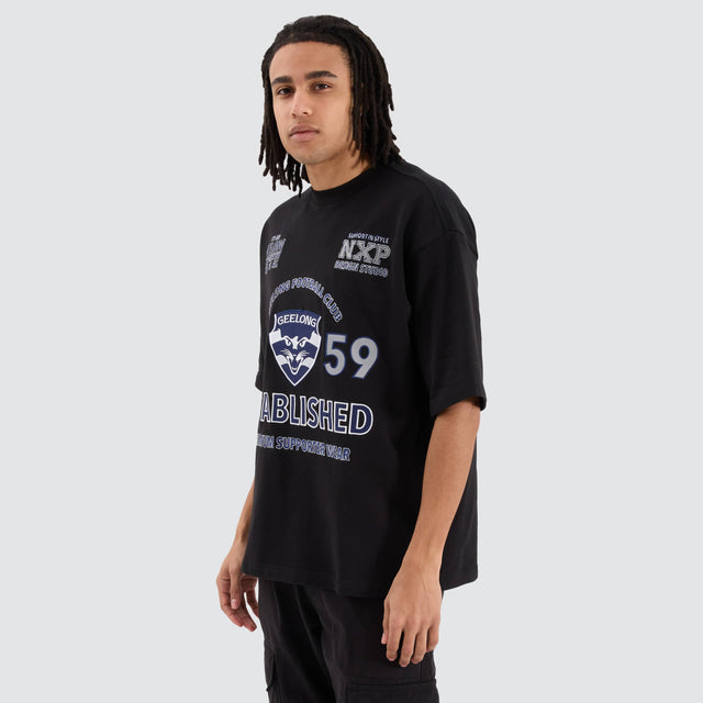 Geelong Cats AFL Mega Loop Back Tee Jet Black