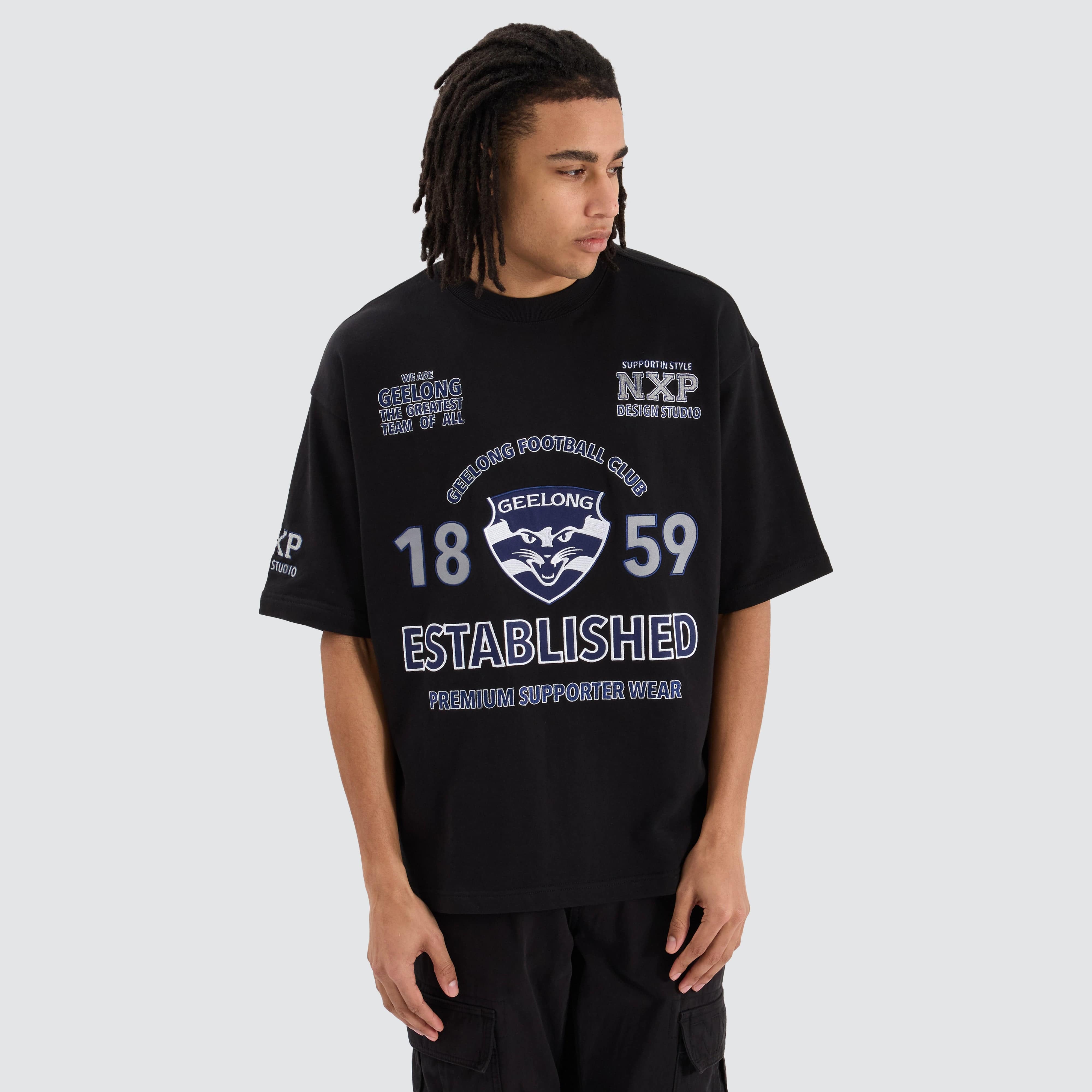 Geelong Cats NXP x AFL Mega Loop Back Tee in Jet Black | NXP