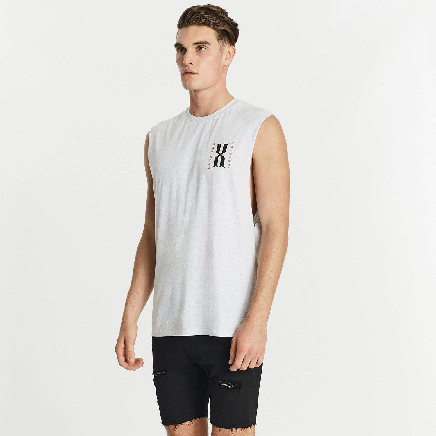 Outnumbered Scoop Back Muscle Tee Snow Marle
