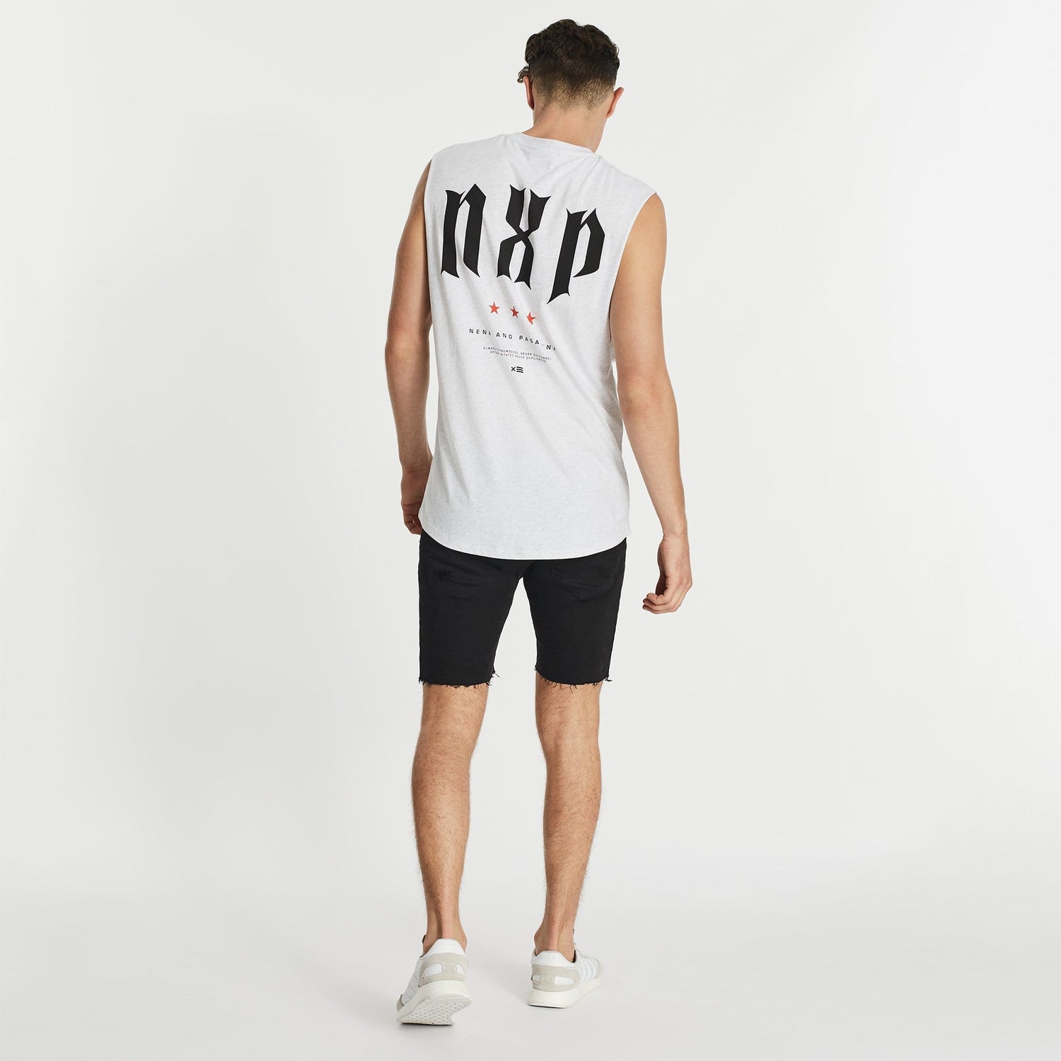 Outnumbered Scoop Back Muscle Tee Snow Marle