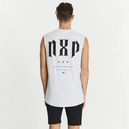 Outnumbered Scoop Back Muscle Tee Snow Marle